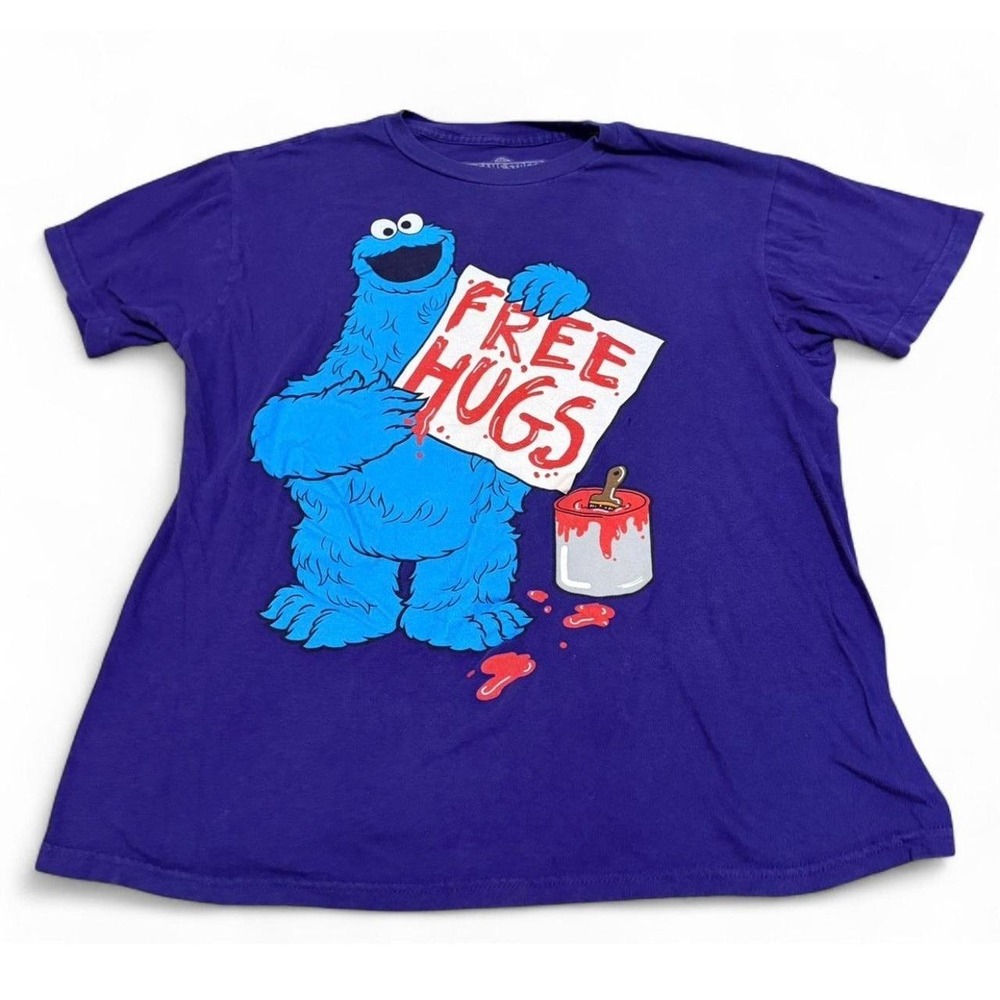 Y2K Sesame Street Cookie Monster Free Hugs Purple Graphic T-Shirt Men's Medium